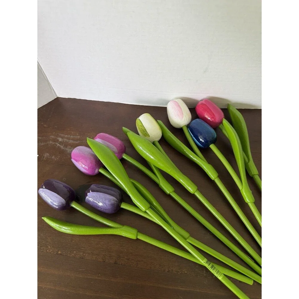 Set 8 Tall Wooden Tulips 11-13'' Wood Tulip Flowers Holland Bright Handmade READ